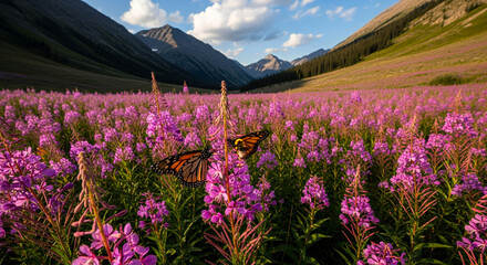 Vibrant Fireweed Flowers Blooming in Canadian Mountain Valley