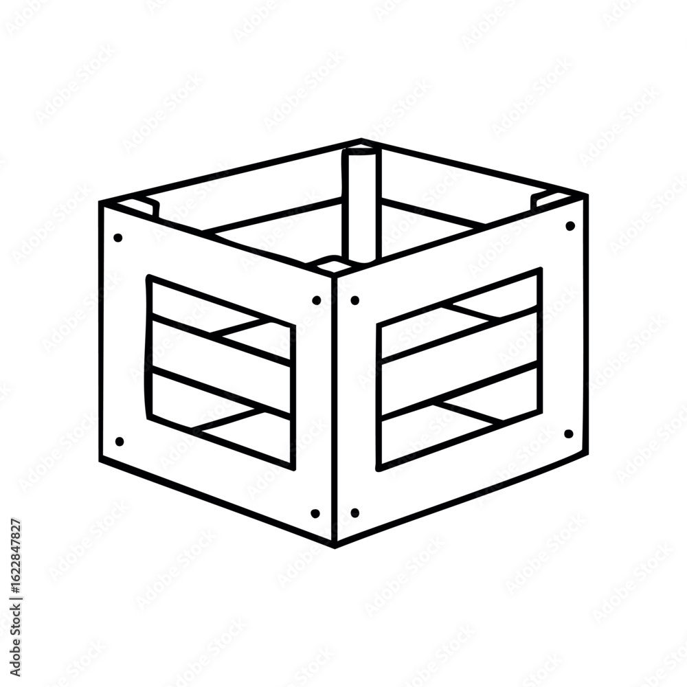 Poster hand-drawn crate outline with open slatted sides for storage or transport. – stock vector icon in li