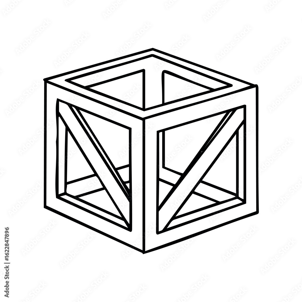 Poster geometric optical illusion of a 3d cube with crossed lines – stock vector icon in line style