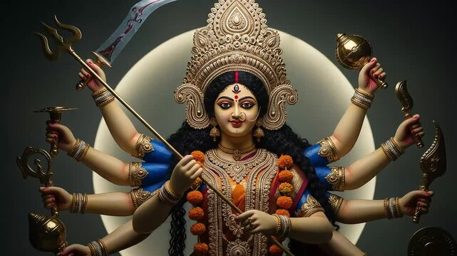 Detailed Statue Of Goddess Durga With Multiple Arms Adorned In Gold Ornament And Crown Against Dark Background