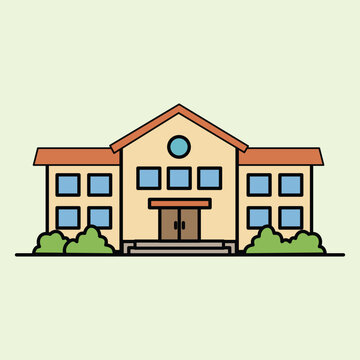 Illustration of a school building with a simple design, symmetrical windows, a red triangular roof, and green bushes in the foreground, depicting a friendly educational environment.