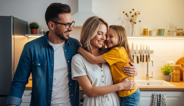 a happy family in a modern home. A smiling man with glasses wearing a denim shirt, a young blonde woman in a white dress, and a little girl with long hair wearing a yellow shirt hugging her mom. 
