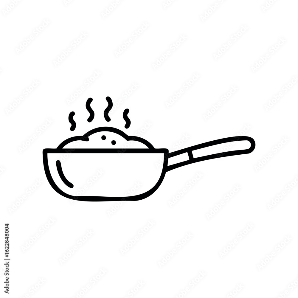 Poster simple line drawing of a steaming skillet with handle – stock vector icon in line style