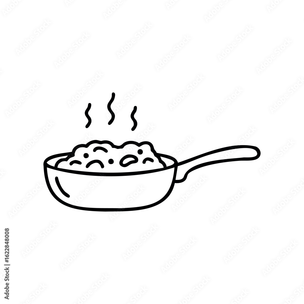 Poster simple line drawing of a pan with steaming food – stock vector icon in line style