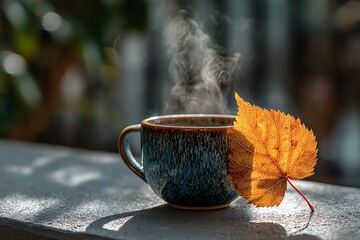 Warm steaming drink with autumn leaf, cozy fall season atmosphere