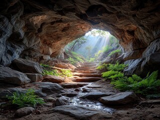 Sunlight streams into a cave