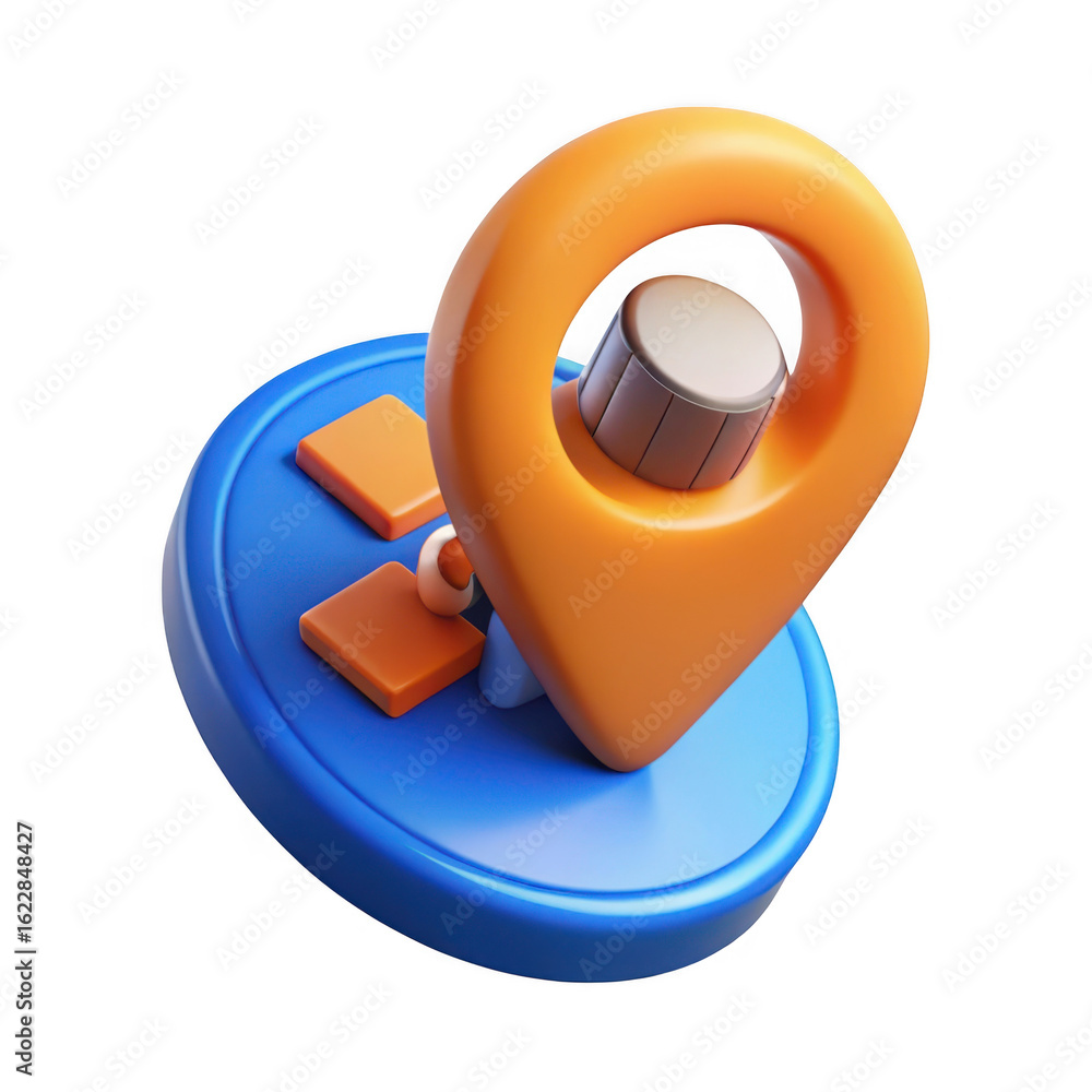 Poster 3d rendered orange location pin icon on a blue circular base with directional arrows isolated on tra