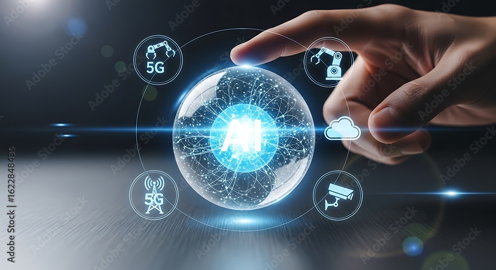 Poster hand interacting with futuristic ai sphere; 5g, cloud computing, robotics, and security icons; innov
