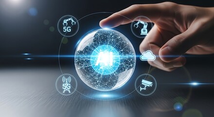 Hand interacting with futuristic AI sphere; 5G, cloud computing, robotics, and security icons; innovative technology concept.