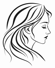Minimalist one-line drawing of a woman's face in profile with flowing hair, elegant and abstract, black lines on a white background, high contrast, suitable for modern wall art