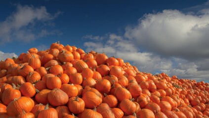 A massive pile of vibrant orange pumpkins creates a stunning autumn landscape against a backdrop of blue sky and fluffy white clouds.