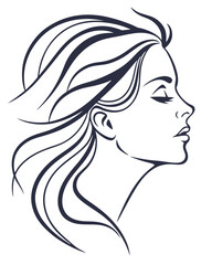 Minimalist one-line drawing of a woman's face in profile with flowing hair, elegant and abstract, black lines on a white background, high contrast, suitable for modern wall art