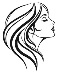 Minimalist one-line drawing of a woman's face in profile with flowing hair, elegant and abstract, black lines on a white background, high contrast, suitable for modern wall art