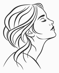 Minimalist one-line drawing of a woman's face in profile with flowing hair, elegant and abstract, black lines on a white background, high contrast, suitable for modern wall art