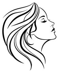 Minimalist one-line drawing of a woman's face in profile with flowing hair, elegant and abstract, black lines on a white background, high contrast, suitable for modern wall art