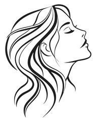 Minimalist one-line drawing of a woman's face in profile with flowing hair, elegant and abstract, black lines on a white background, high contrast, suitable for modern wall art