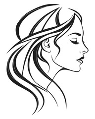 Minimalist one-line drawing of a woman's face in profile with flowing hair, elegant and abstract, black lines on a white background, high contrast, suitable for modern wall art