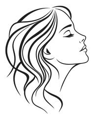 Minimalist one-line drawing of a woman's face in profile with flowing hair, elegant and abstract, black lines on a white background, high contrast, suitable for modern wall art