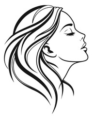 Minimalist one-line drawing of a woman's face in profile with flowing hair, elegant and abstract, black lines on a white background, high contrast, suitable for modern wall art