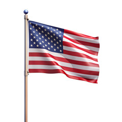 Fototapeta premium American flag waving on a flagpole, isolated on transparent background, representing the united states of america