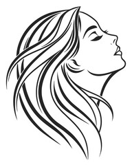 Minimalist one-line drawing of a woman's face in profile with flowing hair, elegant and abstract, black lines on a white background, high contrast, suitable for modern wall art