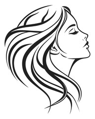 Minimalist one-line drawing of a woman's face in profile with flowing hair, elegant and abstract, black lines on a white background, high contrast, suitable for modern wall art