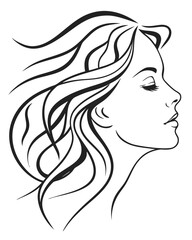 Minimalist one-line drawing of a woman's face in profile with flowing hair, elegant and abstract, black lines on a white background, high contrast, suitable for modern wall art