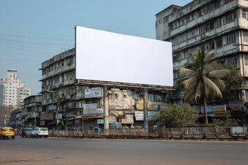 White blank billboard above shops on bustling Mumbai road, pure white screen in busy urban setting, perfect template for outdoor marketing and advertising display