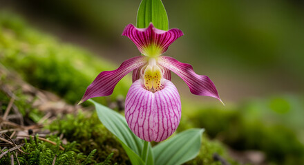 Macro Shot of Pink Lady’s Slipper Orchid in Canadian Forest