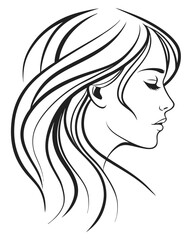 Minimalist one-line drawing of a woman's face in profile with flowing hair, elegant and abstract, black lines on a white background, high contrast, suitable for modern wall art