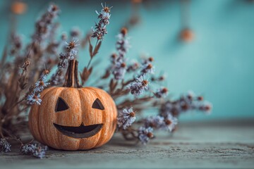 Carved pumpkin on a wooden surface with dried flowers. Halloween concept.