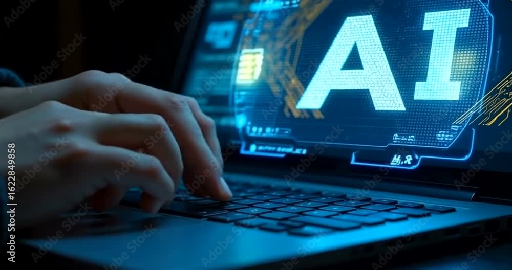 Poster typing on laptop with ai text, illustrating artificial intelligence development