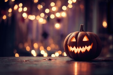 Halloween pumpkin glowing on a table with blurred lights in background