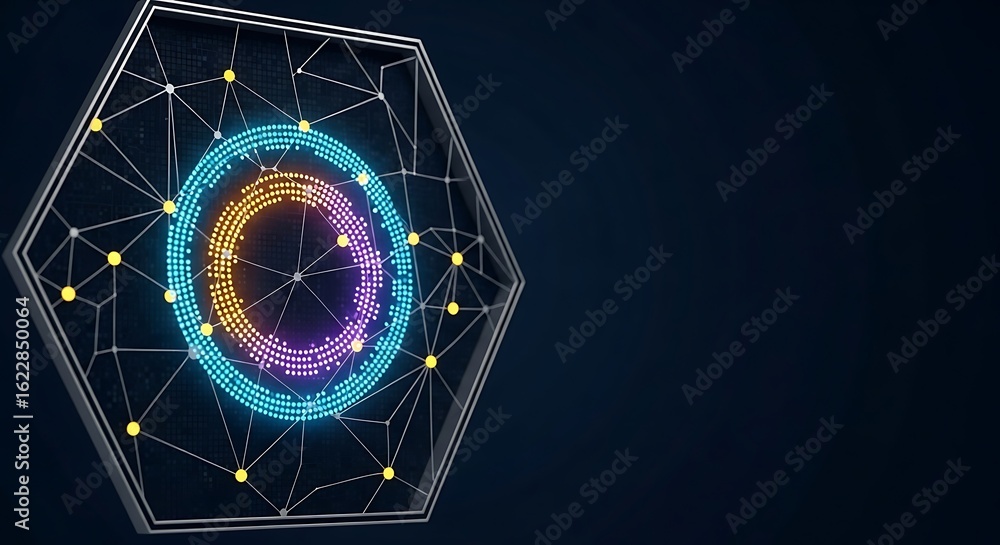 Poster abstract hexagon network: futuristic data visualization, glowing neon circles, technological connect