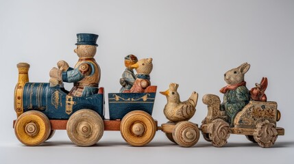 Nostalgic wooden toy train with animal passengers on a clean white background