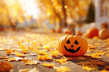 Halloween pumpkin with carved face sitting on a driveway covered with golden map leaves