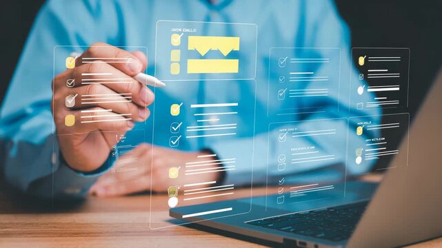Professional checking off tasks on a digital list with stylus, modern business workflow visualized