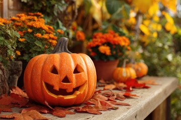 Halloween pumpkin sitting on table with autumn leaves and flowers