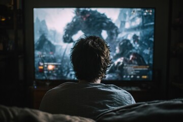 A man watches a movie on a flat screen television in his living room.