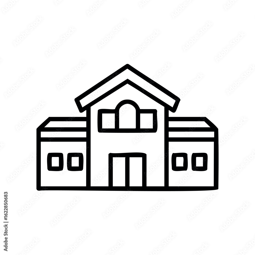 Poster simple black line drawing of a house with symmetric windows and doors – stock vector icon in line st