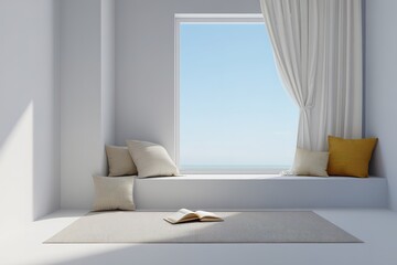 A minimalist interior scene with a window seat, white walls and curtains, a light gray rectangular mat on the ground.