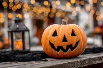 Halloween pumpkin sitting on table with blurred lights bokeh on a festive Halloween background