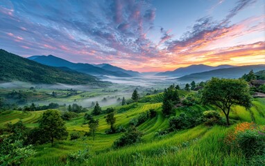 Naklejka premium Sunrise over terraced rice paddies