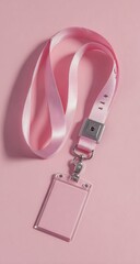 A pink id card lanyard with a badge, product photography.
