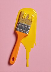 A paintbrush with yellow liquid dripping from the bristles, set against a solid pastel pink background. 