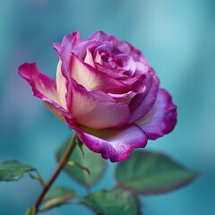 Pink rose blooming against clear blue sky.