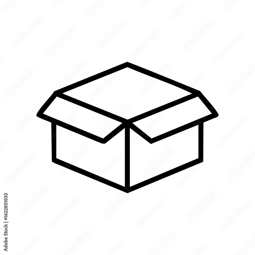 Poster open cardboard box icon in black outline on white background – stock vector icon in line style