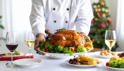 Chef presenting a golden roasted turkey on a platter, garnished with greens, at a festive holiday dinner table.