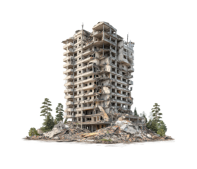 Destruction aftermath abandoned building in a ruined landscape isolated on transparent background, png
