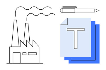 Factory building with smoke emissions, pen, and stacked papers. Ideal for manufacturing, industry, documentation, productivity, communication, environmental impact and simple landing page
